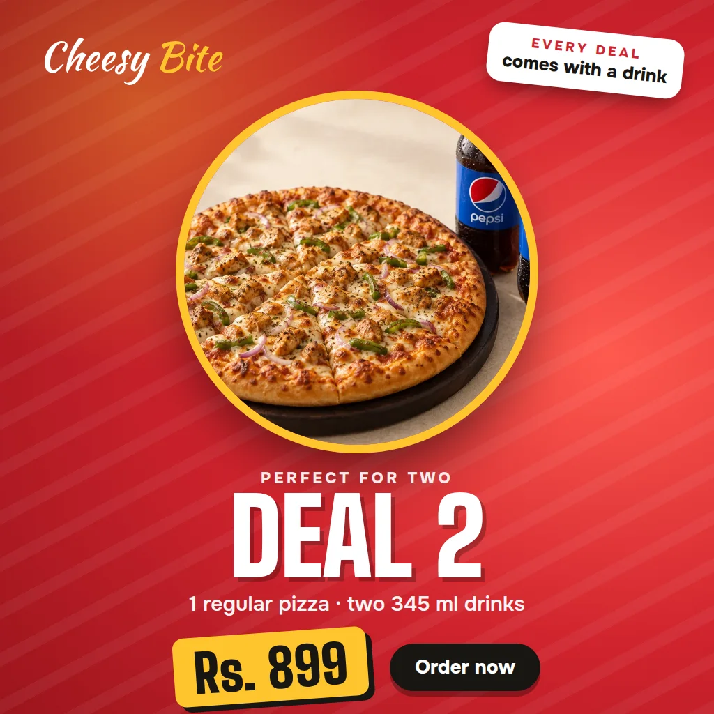 Deal 2: 1 regular pizza with two 345 ml drinks for Rs. 899